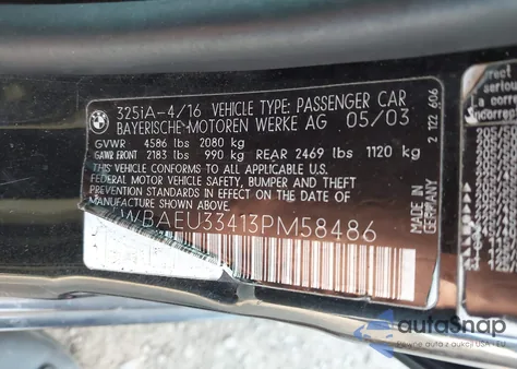 2003 BMW 325Xi z USA, uszkodzony, nr VIN WBAEU33413PM58486